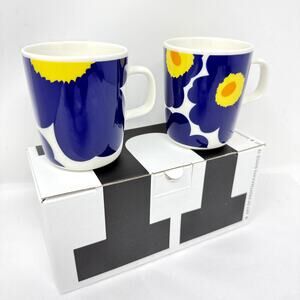 Marimekko Unikko Oiva Mug Set Blue Yellow 2-Pc 60th Anniversary NIB